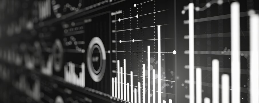 Black and white image of digital data charts showcasing statistical analysis and performance metrics, ideal for business presentations.