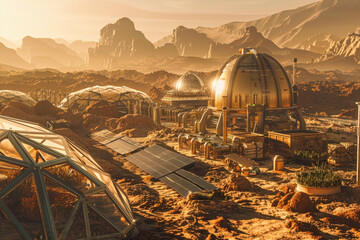 Obraz premium Mars Space Colony with Domed Habitats and Solar Panels