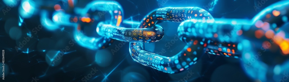 Poster close-up of a glowing digital chain symbolizing blockchain technology, security, and network connect