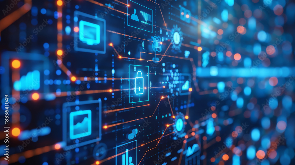Poster explore digital transformation with various technology icons in this engaging image.