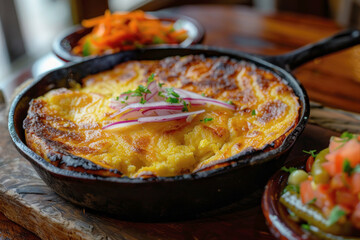 Paraguayan Sopa Paraguaya Served in Cast Iron Skillet with Pickled Vegetables