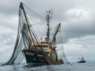 Obraz premium Large fishing vessel in the sea using massive nets to catch fish, with Greenpeace boat nearby monitoring the activity