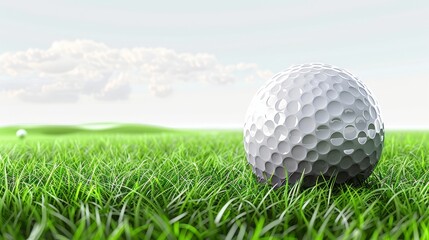 The image shows a golf ball resting on a green field