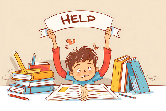 Child raising help sign overwhelmed with schoolwork academic pressure struggling with studies young student seeking assistance educational support learning difficulty stress relief guidance


