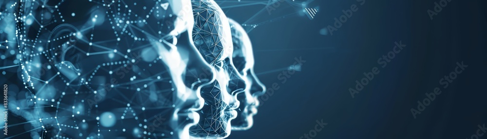 Poster digital human faces in profile surrounded by data and connections symbolizing artificial intelligenc