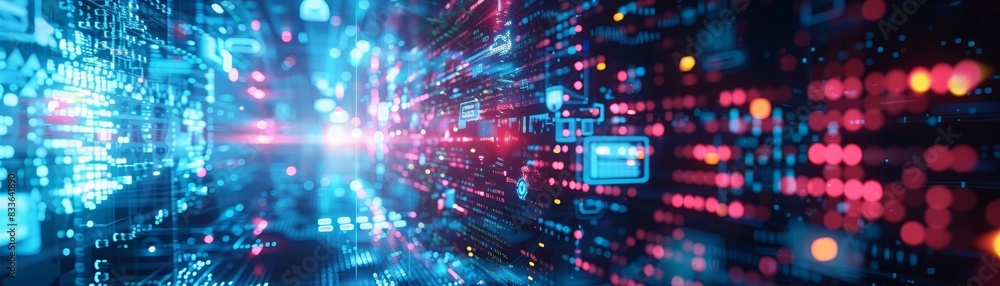 Poster dynamic futuristic digital interface with glowing data streams and vibrant colors, representing tech