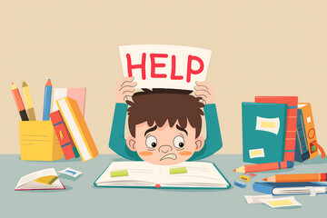 Child raising help sign overwhelmed with schoolwork academic pressure struggling with studies young student seeking assistance educational support learning difficulty stress relief guidance

