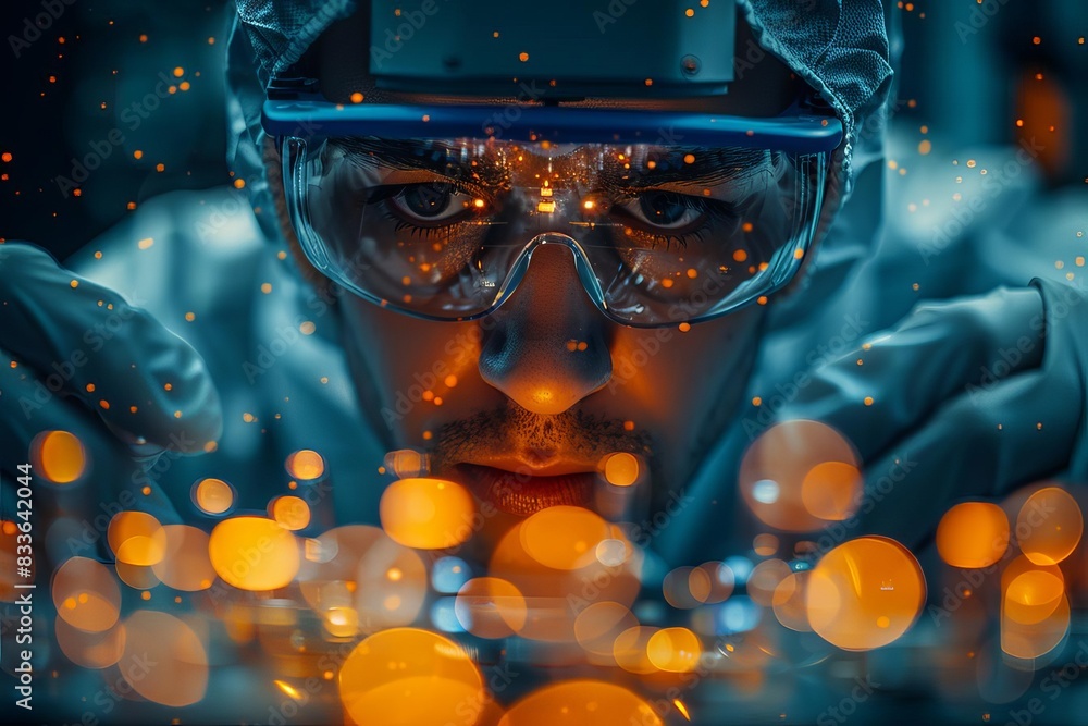 Poster focused scientist in a lab conducting experiment with glowing particles, highlighting scientific res