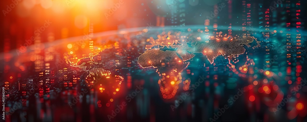 Poster futuristic representation of a digital network connecting the world with vibrant lights and data str