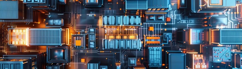 Futuristic aerial view of a city grid illuminated in blue and orange lights showcasing modern architecture and technology.