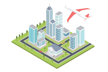 Smart city isometric illustration. Office buildings, business center, skyscrapers house, plane. Isometric street.