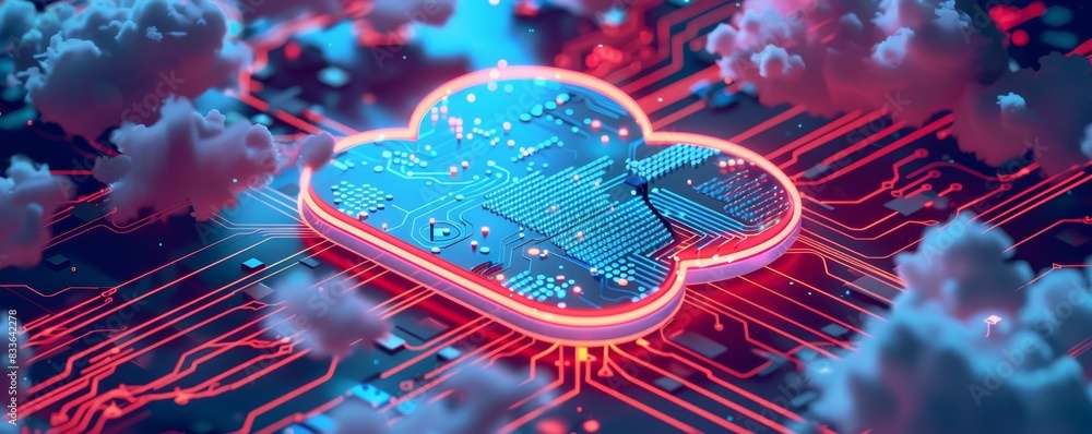 Poster futuristic cloud computing concept with a glowing cloud-shaped circuit board surrounded by digital e