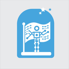blue flag with an illustration of a robot holding a flag