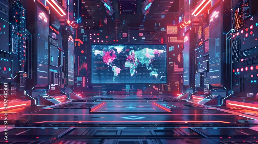 Poster futuristic control room with a large digital world map on screen, illuminated by neon lights. concep