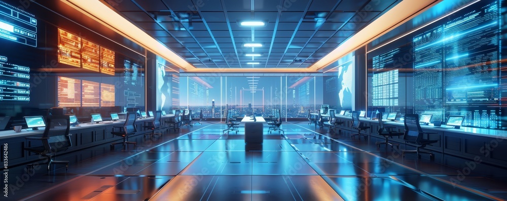 Poster futuristic control room with advanced technology and multiple computer screens, showcasing a high-te