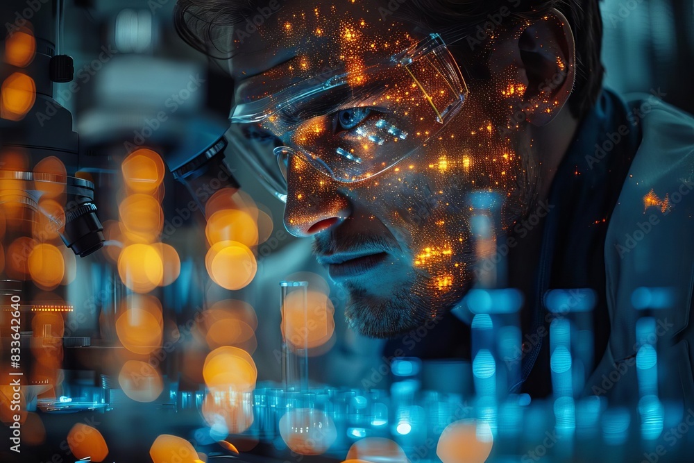 Poster scientist examining digital data overlay in a futuristic laboratory, showcasing innovation in techno