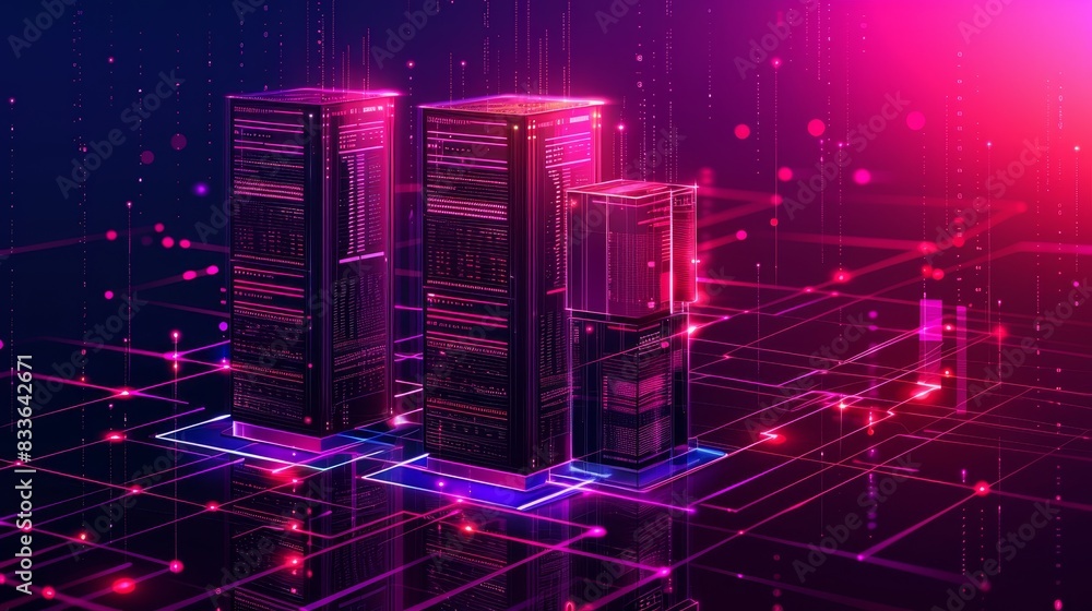 Aufkleber futuristic data center with glowing neon lights and servers, representing advanced technology and di