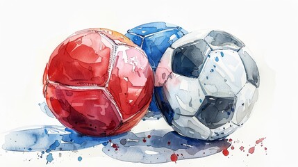Colorful balls. Red, blue and soccer ball. liegen im nassen Sand am Ufer.