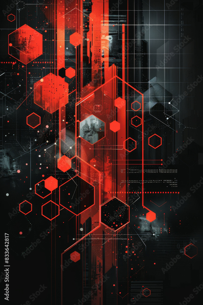 Poster dynamic red and black abstract background with hexagons and dots for modern techno design.