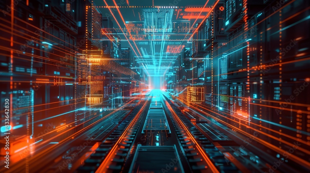 Aufkleber futuristic digital cityscape with neon lights and rapid data flow, showcasing modern technology and 