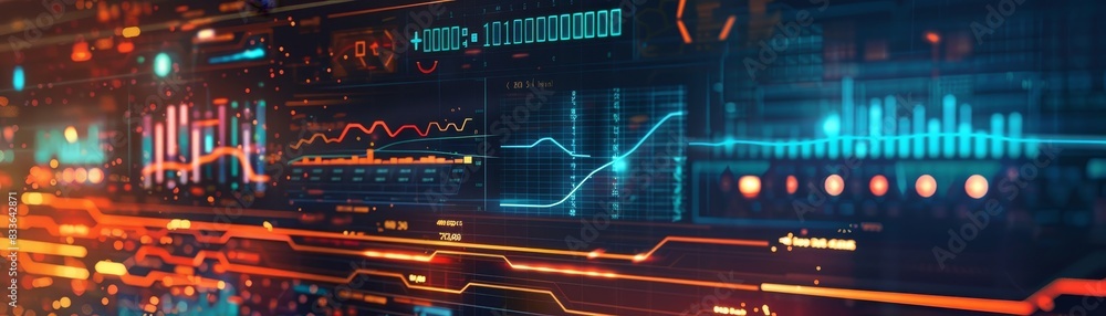 Poster futuristic data dashboard showing graphs and analytics for technology and business insights in vibra