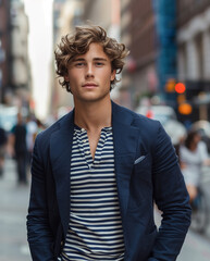 Fototapeta premium Capture of a young man dressed in a stylish navy blue blazer and striped shirt, standing confidently on a bustling city street, generative ai