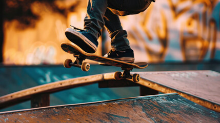 a person skateboarding on a ramp, mid-air during a trick. The background showcases the energetic atmosphere of a skatepark, emphasizing skill and adrenaline.