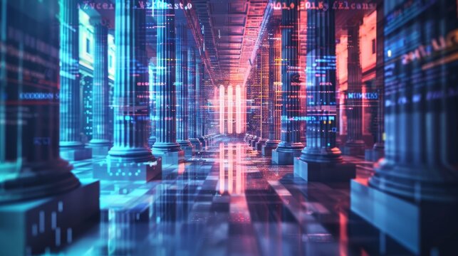 Futuristic digital corridor with glowing columns and binary code, representing the concept of data flow and advanced technology.