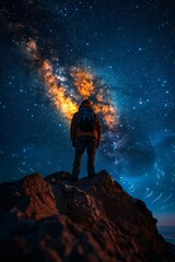 Obraz premium Silhouetted person standing on mountain peak under the mesmerizing Milky Way galaxy. Stargazing adventure, vibrant night sky scenery.