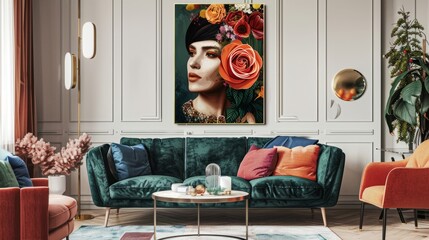 Portrait of a woman with flowers, asbstract paining style poster, living room deco art.