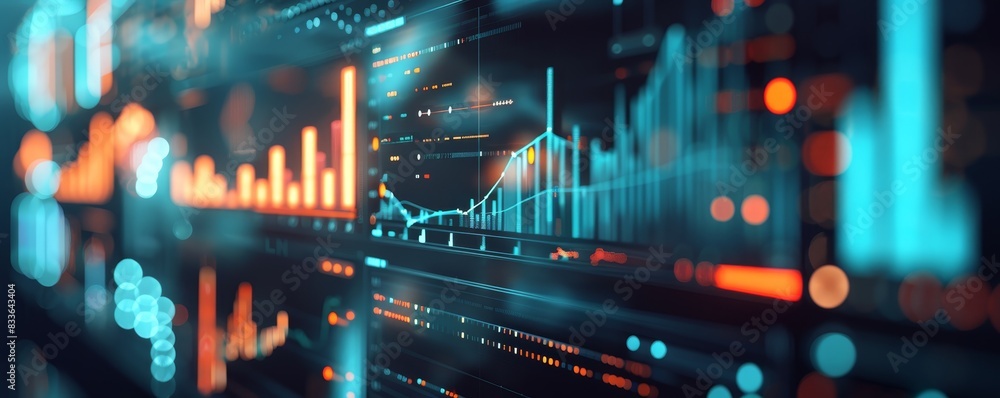 Poster futuristic interface with financial charts and graphs showcasing data analysis and technology in an 
