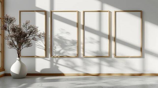Four wooden frames on the wall, each frame is 20cm wide and long, shadows from window, white background, flat lay photography, minimalistic