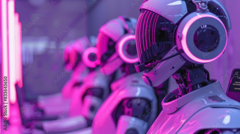 Poster futuristic robots in a row, illuminated by vibrant purple lighting, representing advanced artificial
