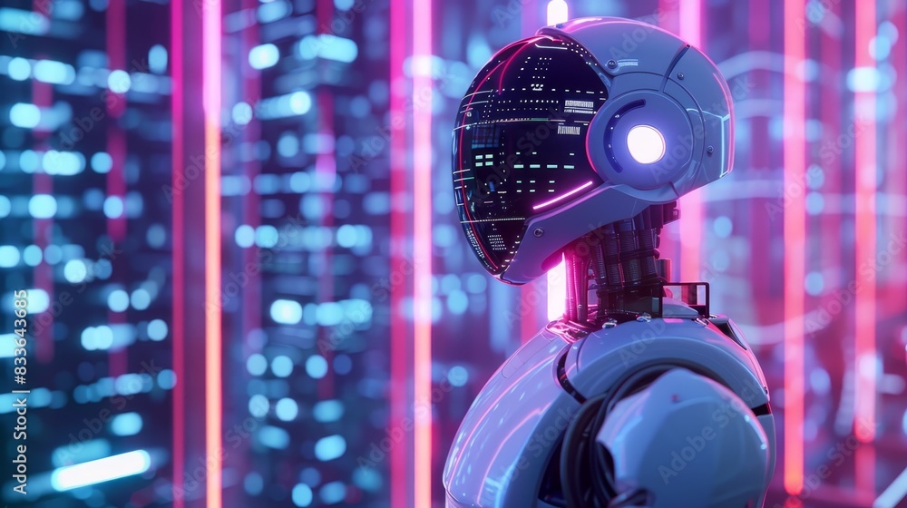 Poster futuristic robot with led lights and advanced technology in a glowing neon setting, symbolizing arti