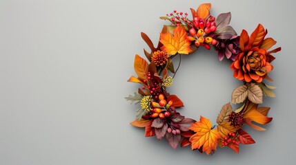 Autumn wreath consisting of various leaves and blooming flowers, on a simple gray background