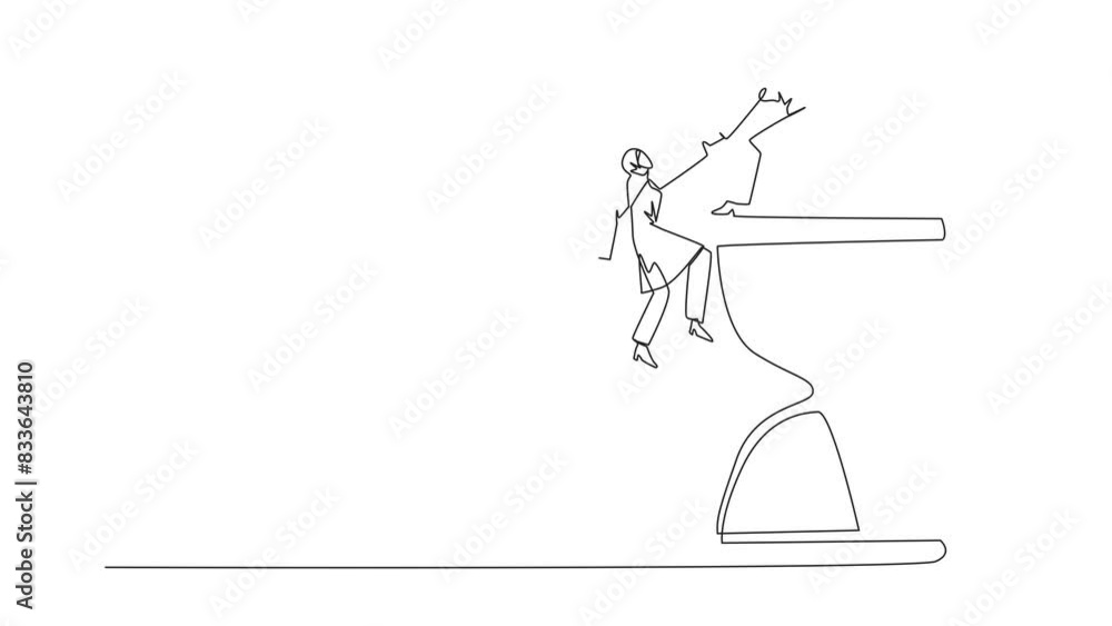 Poster animated self drawing of continuous line drawing arab businesswoman helps colleague climb. have many