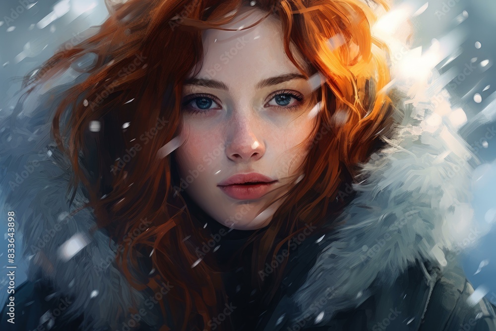 Wall mural Digital art portrait of a young woman with red hair amidst a gentle snowfall