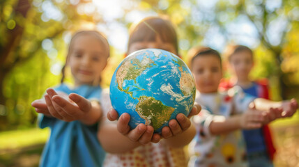 A group of children holding a globe, symbolizing unity and global awareness, with a focus on Africa.

