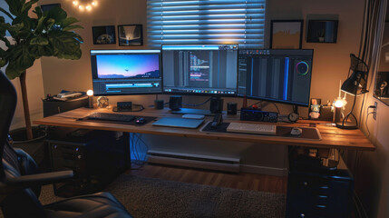 a freelance editor's workstation with a laptop computer and a large monitor, perfectly suited for editing content videos. producing high-quality vlogs or other video content.