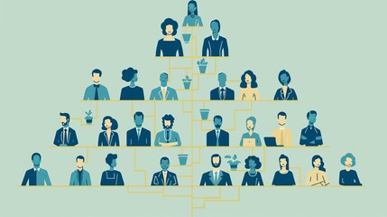 Illustrated organizational chart depicting a hierarchical structure of business people in various levels of management.