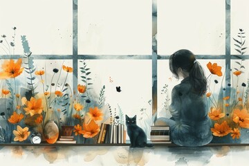 A watercolor illustration depicts a woman sitting by the window with a cat amidst vibrant flowers