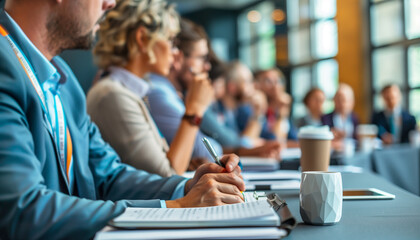 Attendees at a business conference participating in a Q&A session, asking questions to industry leaders and taking notes on innovative strategies, with copy space