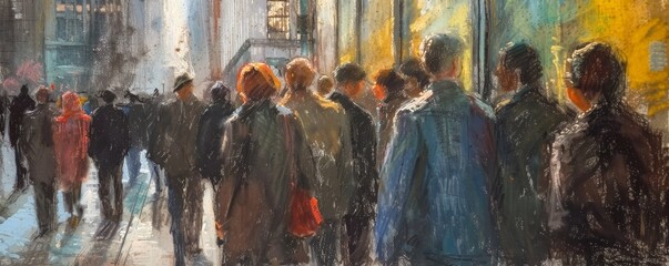 Impressionist painting of a crowded street scene with people walking, evoking an urban atmosphere with vibrant colors and dynamic movement.