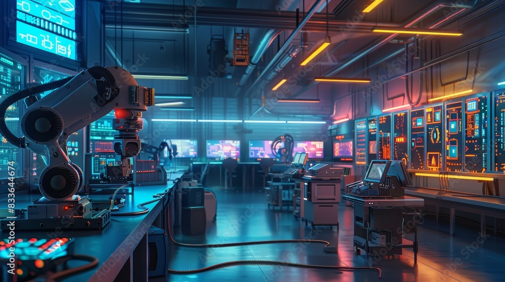 Poster modern futuristic research laboratory with advanced robotic technology and sophisticated computer sy