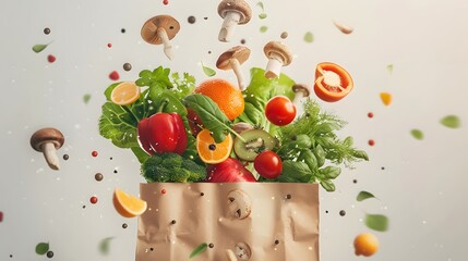 Fruit and vegetable paper bag with vegetables, fruits and mushrooms flying out of it on white background. Copy space banner for online grocery shopping service.