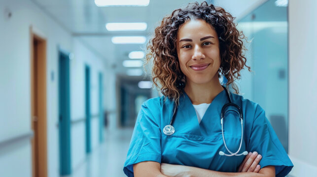 a healthcare worker in scrubs standing in a hospital hallway, exuding professionalism and compassion. the hospital, underscoring the importance of healthcare workers.