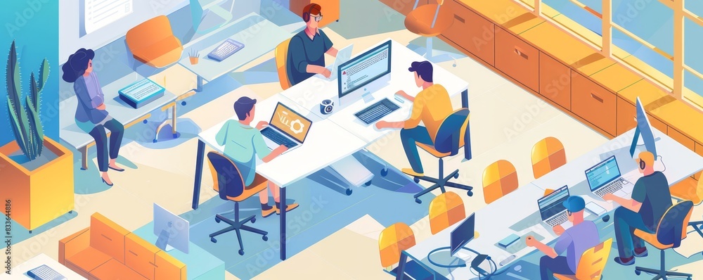 Poster modern office with diverse team working on computers, collaborating in an open-space environment wit