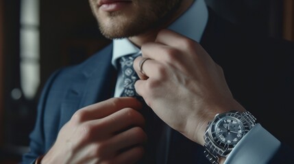 Man in an expensive suit, straightening his tie with one hand