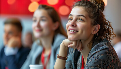 Obraz premium An attendee asking a question during a breakout session at a business conference, demonstrating active participation and curiosity, with copy space