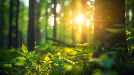 Green forest with tall trees and sunlight shining through the leaves, symbolizing nature's beauty and hope for sustainable development.